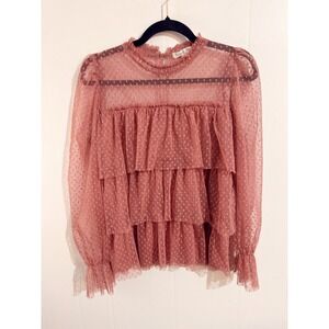 Jolie & Joy Pink Swiss Dot Ruffle Mock Neck Sheer Long Sleeve Blouse Top L